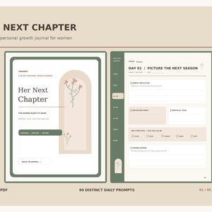 Könnte beinhalten: Ein 117-seitiges digitales Tagebuch zur persönlichen Entwicklung mit dem Titel Her Next Chapter. Das Cover zeigt ein Bogendesign mit Blumenillustrationen und den Text For Women Ready To Grow. Die Innenseite zeigt Tag 01 mit Abschnitten für Reflexion, tägliche Aktionen und abendliche Rückblicke.