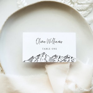 Mountain range wedding place card template - ranch wedding, peaks minimalist black white escort card, flat and tent, digital download, ELIA