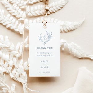 Staubig blaues Hochzeits-Anfangswappen Danke-Tag-Vorlage - Monogramm-Logo Klassisches Hochzeit-Danksagung bedruckbar, bearbeitbares Geschenketikett, MAEVE