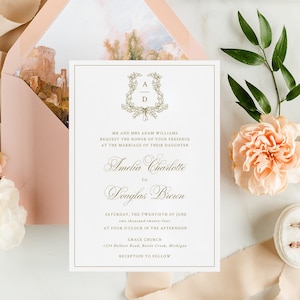 Modello di invito con stemma nuziale e corona botanica - Biglietto stampabile con monogramma, invito classico con logo, download digitale, ISLA