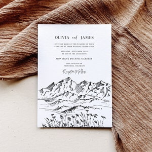 Modèle d'invitation de mariage dans une chaîne de montagnes - invitation de mariage dans un ranch, carte imprimable minimaliste en noir et blanc des sommets, téléchargement numérique, ELIA