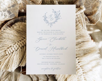 Dusty blue wedding invitation template with botanical wreath - monogram editable card, gentle logo elegant invite, digital download, MAEVE