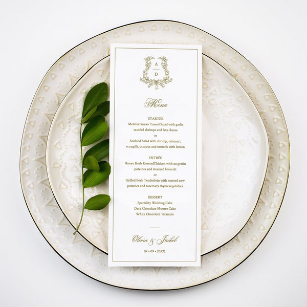 Plantilla de menú de cresta de boda con corona botánica - menú de fiesta de boda con monograma, tarjeta de menú de cena con logotipo, descarga digital, ISLA