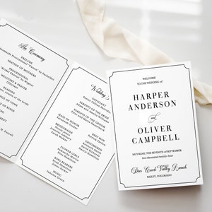 Modelo elegante de programa de casamento com duas dobras e moldura - preto e branco, ordem de serviço de 4 páginas, livreto dobrado para cerimônia da igreja editável, EMMA