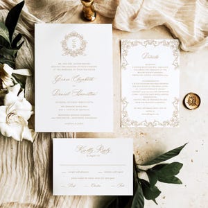 Wedding Invitation Suite Template With Gold Decorative Monogram Crest - Editable Invite and Rsvp Set, Baroque Logo Kit With Insert Card KAIA