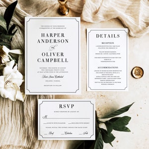 Modello di invito per matrimonio in bianco e nero - Dettagli semplici dell'invito e set RSVP, scheda di inserimento con cornice, matrimonio senza tempo, Emma