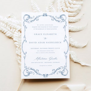 Modello di invito di nozze con cornice vintage - Classico invito elegante blu polvere, biglietto modificabile, stile vittoriano, LANA