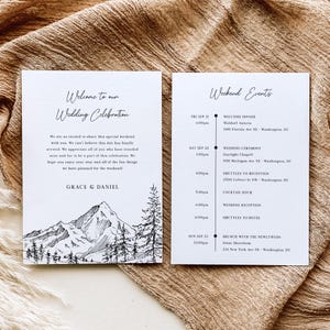 Itinerario del weekend di nozze con Mountain Forest - Modello di lettera di benvenuto e cronologia di Pine Peaks, lettera di presentazione modificabile in bianco e nero, ELIA