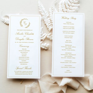 Modèle de programme de monogramme de mariage avec couronne botanique - carte d'église classique modifiable avec logo, écusson initial doré, MYLAH
