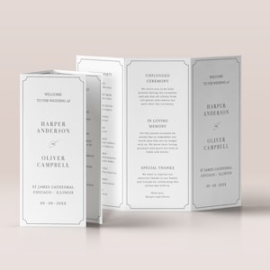 Plantilla de programa de boda tríptico con marco: elegante orden de servicio tríptico en blanco y negro, folleto tríptico de ceremonia de estilo vintage, EMMA