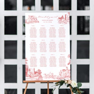 Modelo de gráfico de assentos para casamento Red Toile de Joy - pôster elegante, quadro de gráfico de assentos com número de mesa editável, encontre seu assento, FREN