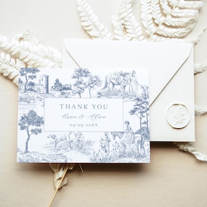Modèle de carte de remerciement pour mariage toile avec cadre - Remerciements élégant bleu poussiéreux classique, gravures vintage carte, beaux-arts botaniques, FREN