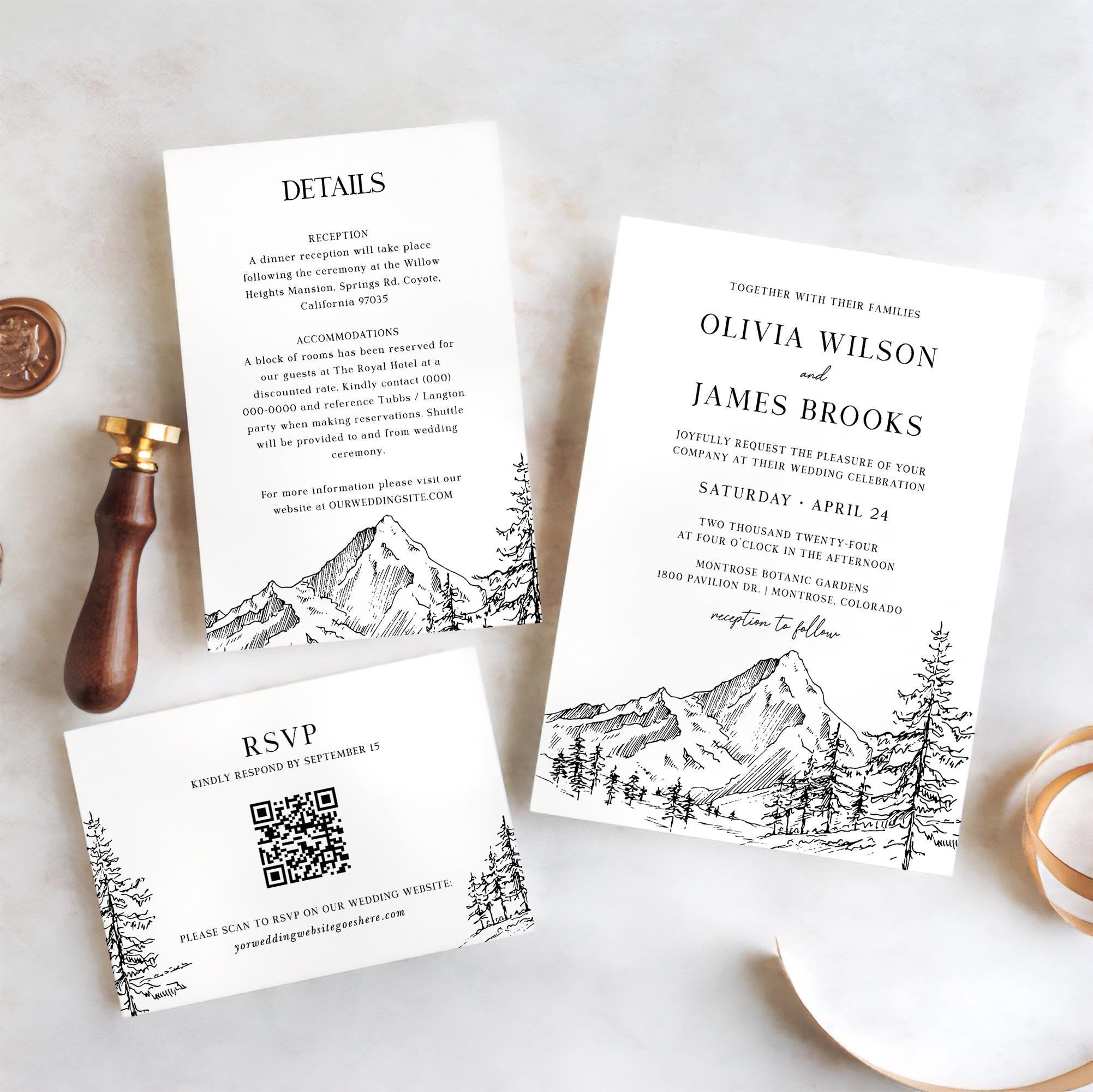Mountain Forest Wedding Invitation Suite Template - Qr Code Rsvp Details Insert, Woodland Pine Tree Invite Set, Peaks Black White Kit, ELIA