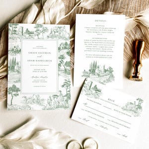 Conjunto de convites de casamento Green Toile De Jouy - Detalhes do convite com moldura francesa antiga Conjunto de RSVP, Kit de cartão de inserção de gravuras vintage, FREN
