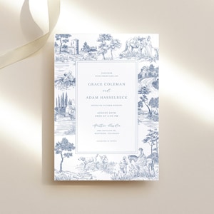 Toile Hochzeitseinladungsvorlage mit Rahmen - Klassische Staubblaue Elegante Einladung, bearbeitbare Vintage Gravurkarte, Botanische Fine Art, FREN