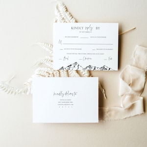 Modèle de carte Rsvp chaîne de montagnes - carte-réponse de mariage ranch modifiable, carte postale boîtier minimaliste moderne pics, téléchargement numérique, ELIA