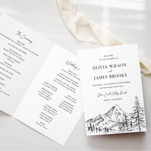 Modelo de programa de casamento com dobra dupla na floresta da montanha - Ordem de serviço editável Pine Peaks de 4 páginas, cartão minimalista preto e branco, ELIA