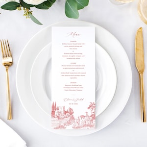 Plantilla de menú de boda en toile rojo con escena pastoral: menú elegante francés antiguo, tarjeta con grabados vintage editables, bellas artes, FREN
