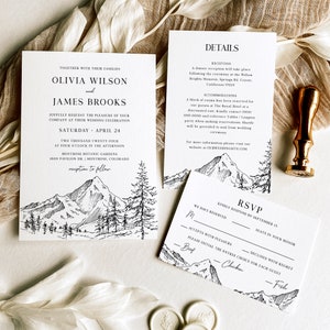Conjunto de convites para casamento na floresta da montanha - Conjunto de convites minimalistas para casamento Pine Peaks, kit preto e branco Peaks, cartão de inserção, ELIA