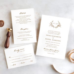 Monogram bruiloft uitnodiging suite bewerkbare sjabloon - krans wilde bloemen, oud geld nodigt kit, botanische RSVP-details invoegen kaartenset, JANE