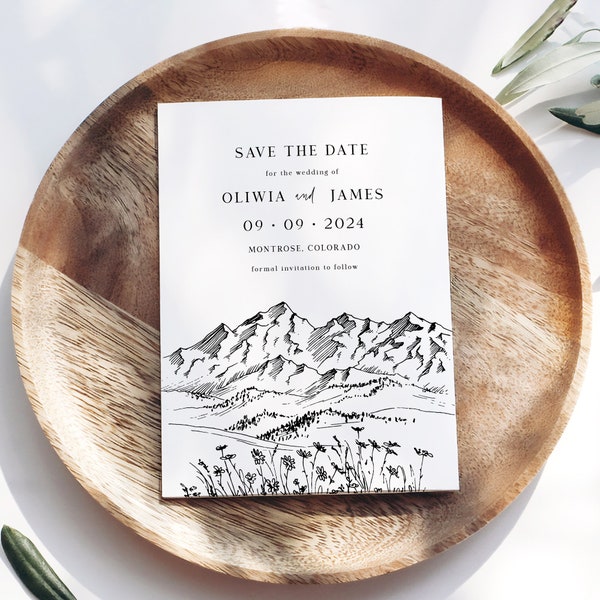 Mountain range save the date template - ranch save our date invite, peaks minimalist black and white printable card, digital download, ELIA