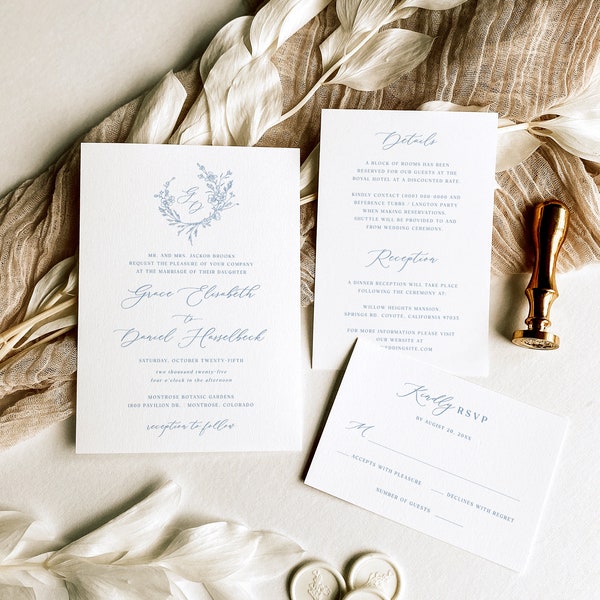 Modèle de suite d'invitations de mariage monogramme floral - invitation logo bleu poussiéreux imprimable et ensemble RSVP, kit modifiable couronne botanique, MAEVE