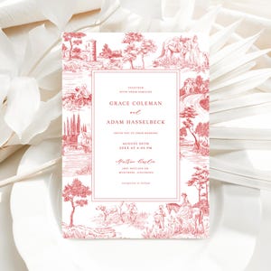 Plantilla de invitación de boda con marco en toile rojo - Invitación elegante francesa antigua, tarjeta editable con grabados vintage, bellas artes botánicas, FREN