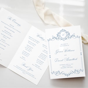 Modèle de programme de mariage cadre vintage - écusson initial, ordre de service bleu poussiéreux 4 pages, livret modifiable de cérémonie d'église, SENA