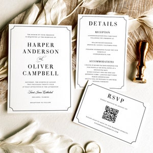 Modello di invito per matrimonio in bianco e nero - Invito semplice, dettagli, set di risposte con codice QR, scheda di inserimento con cornice, matrimonio senza tempo, Emma