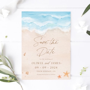 Plantilla para guardar la fecha con temática tropical: tarjeta editable para boda en destino costero, descarga digital, PLAYA