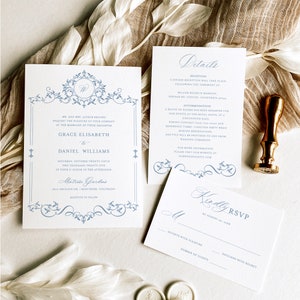 Modèle de suite d'invitations de mariage monogramme - cadre vintage de l'ère Régence, invitation bleu poussiéreux et ensemble RSVP, kit modifiable de style victorien, SENA