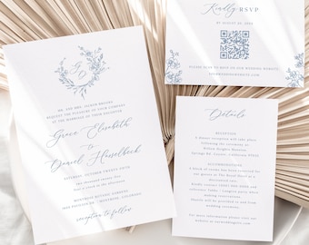 Floral monogram wedding invitation suite template - dusty blue logo invite, details Qr code RSVP set, botanical wreath editable kit, MAEVE