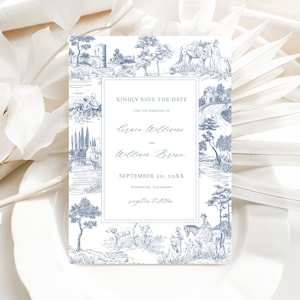 Plantilla para guardar la fecha con marco: anuncio de boda en azul polvoriento, tarjeta con grabados vintage editables, bellas artes botánicas, FREN