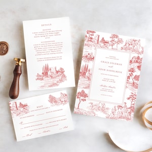Plantilla de invitación de boda con diseño de toile rojo: conjunto de detalles de invitación, marco vintage, kit de tarjeta de inserción con grabados, bellas artes botánicas, FREN