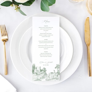 Green Toile De Jouy Wedding Menu Template - Old French Elegant Menu Long, Editable Vintage Engravings Card, Fine Art Pastoral Scene, FREN