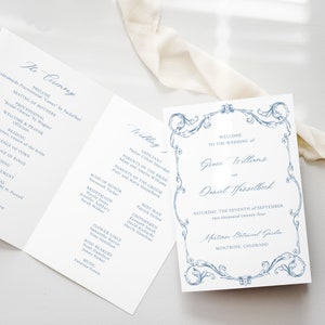 Vintage lijst dubbelgevouwen bruiloft programmasjabloon - elegante stoffige blauwe kerkceremoniekaart, regentschapstijdperk, 4 pagina's orde van dienst, LANA