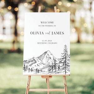 Modello di cartello di benvenuto per matrimonio in stile foresta di montagna - decorazioni per feste di matrimonio in stile ranch, banner modificabile minimalista in bianco e nero di Pine Peaks, ELIA