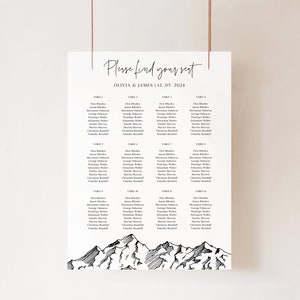 Gebirge Hochzeit Sitzplan Vorlage - Ranch Hochzeit Tischnummern Sitzplan Brett, minimalistisches Schwarz Weiß Banner, ELIA