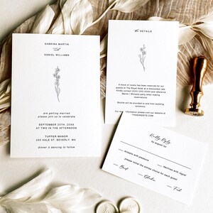 Modèle de suite de faire-part de mariage simple avec fleur pour tous les jours - Ensemble de Rsvp aux détails élégants, kit d'insertion de carte, style minimaliste, NOVA