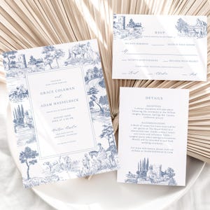 Plantilla de invitación de boda en toile - Conjunto de detalles de invitación en azul polvoriento, kit de tarjetas insertadas con grabados vintage, bellas artes botánicas, FREN
