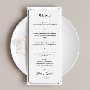 Plantilla de menú de boda minimalista elegante con marco: tarjeta de cena de ensayo en blanco y negro, menú alto de estilo vintage, boda atemporal, EMMA