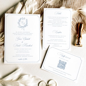 Sjabloon bruiloftsuitnodiging monogram - stoffig blauw bloemenlogo nodigt details uit Qr-code RSVP-set, vintage stijl elegante insteekkaart, ANET