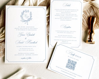Monogram wedding invitation suite template - dusty blue floral logo invite details Qr code RSVP set, vintage style elegant insert card, ANET