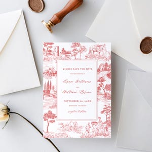 Plantilla para guardar la fecha con marco en toile rojo: anuncio de boda de estilo francés, tarjeta con grabados editables, bellas artes botánicas vintage, FREN