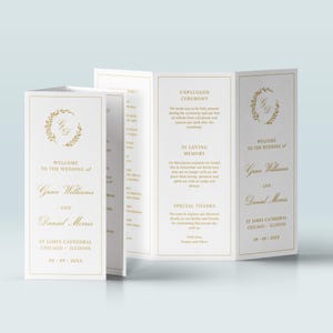 Modèle de programme de mariage à trois volets avec couronne botanique - Ordre de service modifiable en trois volets avec monogramme, brochure de l'église en trois volets, MYLAH