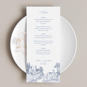 Plantilla de menú de boda en toile con escena pastoral: menú elegante azul polvoriento clásico, tarjeta con grabados vintage editables, bellas artes, FREN