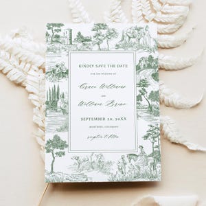 Plantilla para guardar la fecha en Toile de Jouy verde: marco de estilo francés antiguo, anuncio de boda, tarjeta con grabados, bellas artes botánicas vintage, FREN