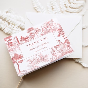 Modèle de carte de remerciement de mariage en toile rouge avec cadre - Remerciements élégant scène pastorale, carte de gravure vintage, beaux-arts botaniques, FREN