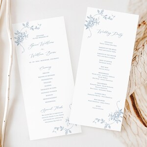 Modèle de programme de mariage avec roses françaises - élégante carte d'église de cérémonie catholique, grande commande de service, fleurs vintage bleu poussiéreux, ZOEY