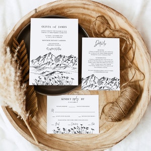 Mountain range wedding invitation suite template - ranch wedding minimalist invite set, peaks black and white kit with insert card, ELIA